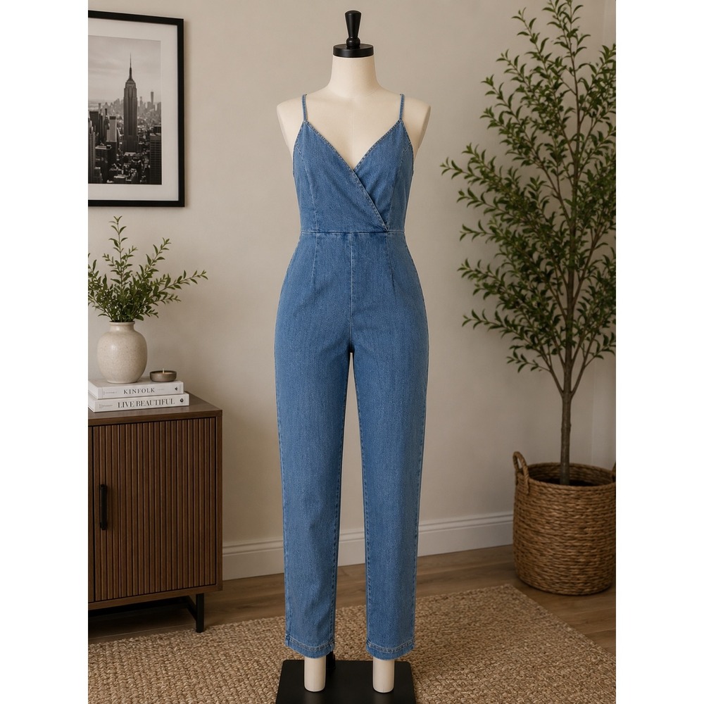 Melograno Blue Denim Surplice Jumpsuit Womens Medium Spaghetti Strap Cutout Back